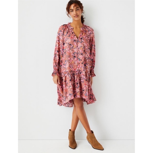 NEW Ann Taylor Floral Ruffle Long Sleeve Swing Dress in Cedar Rose Pink - Size S - Picture 1 of 14